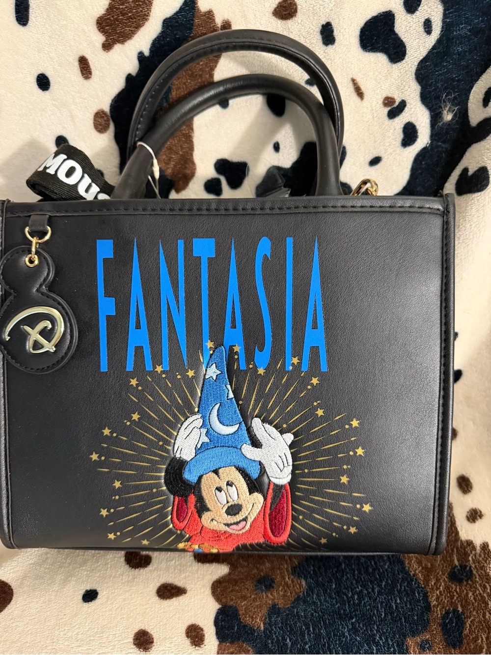 Disney Black Fantasia Mickey Sorcerer Satchel with Blue Lettering